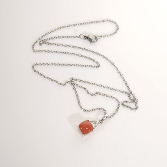 Peach Moonstone Pendant Necklace Stainless Steel Chain - Picture 3 of 8